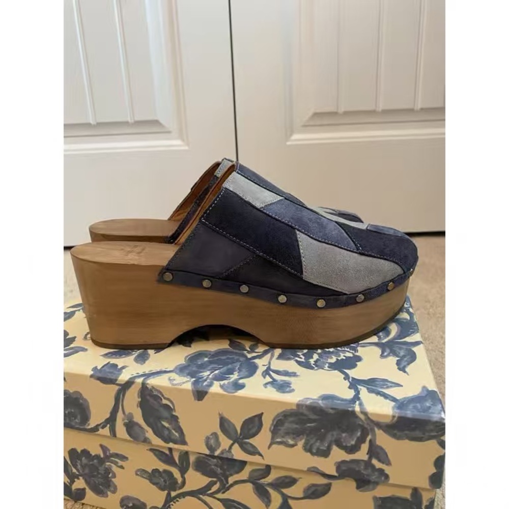 Sezane Blue And Gray Patchwork Platform Mules - image 5